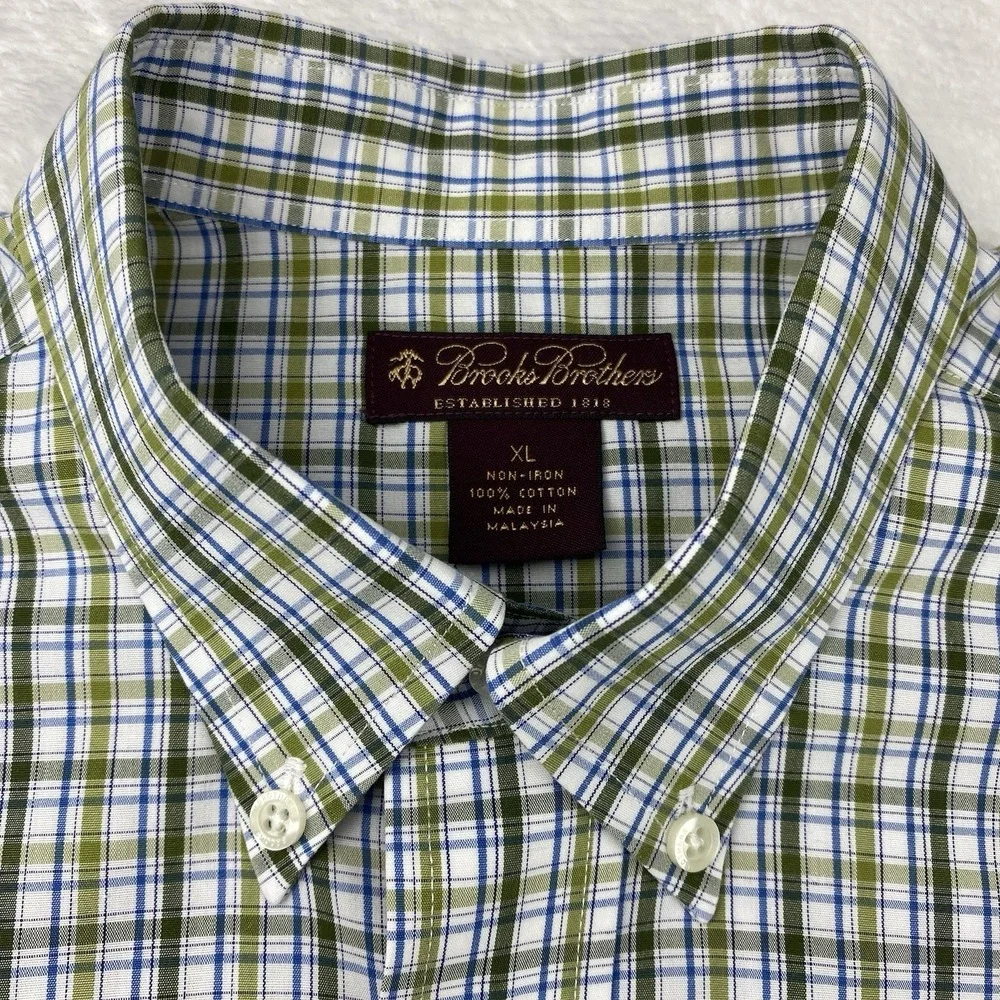 Brooks Brothers Boys XL Green White Plaid Dress Shirt Non-Iron Long Sleeves